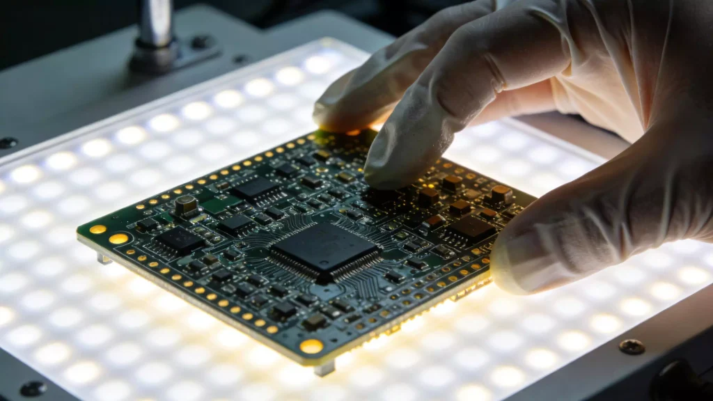 A completed PCBA undergoing visual inspection on a backlit light table to check solder joint quality