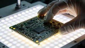 A completed PCBA undergoing visual inspection on a backlit light table to check solder joint quality
