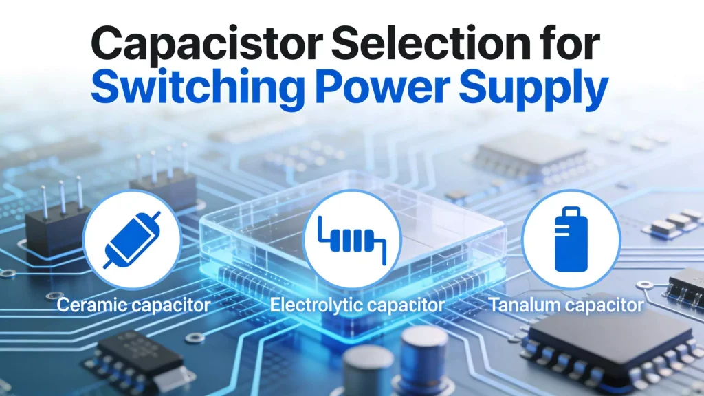 Capacitor Selection for Switching Power Supply Guide Header - Infographic with circuit board and capacitor symbols