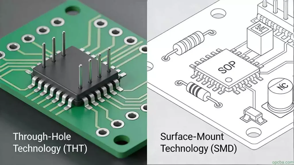 Comparison between Through-Hole Technology (THT) and Surface-Mount Technology (SMD) component packaging on PCBs