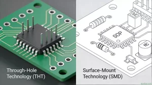 Comparison between Through-Hole Technology (THT) and Surface-Mount Technology (SMD) component packaging on PCBs