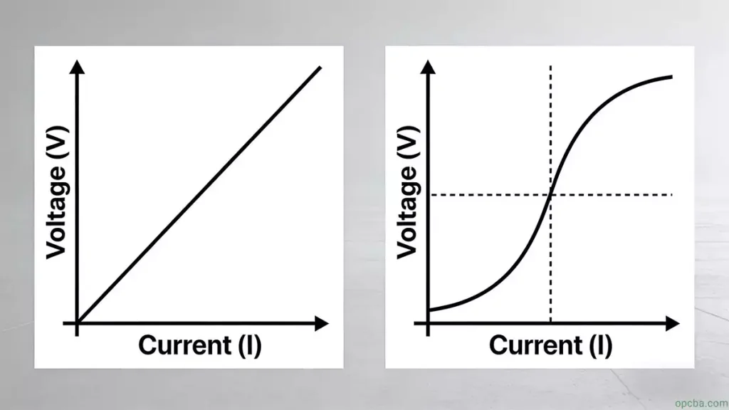Comparison of Voltage-Current Characteristics Curves for Linear and Nonlinear Resistors, illustrating their differing responses under varying voltage and current conditions.