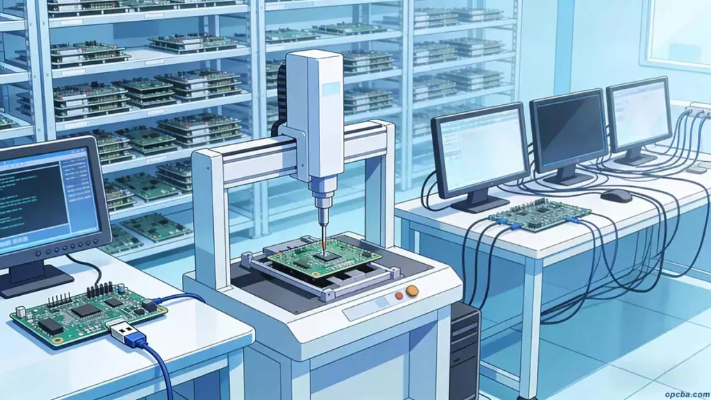 Complete PCBA testing process from firmware programming through ICT, FCT, and aging test