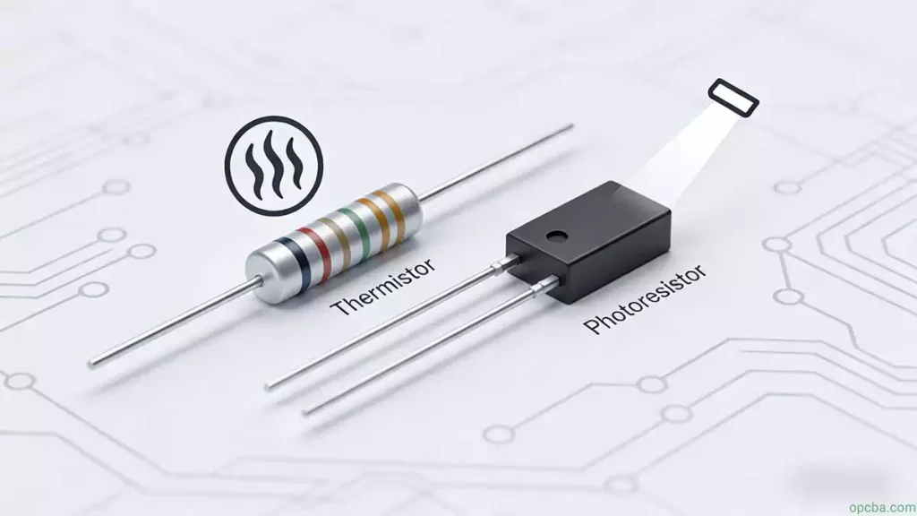 Diagrams of thermistors and photoresistors, illustrating their sensitivity to temperature and light.