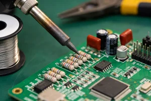Close-up of SMD components on a PCB with a soldering iron for surface mount welding
