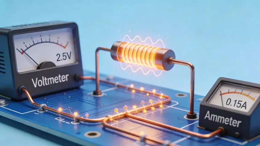 Schematic diagram illustrating the working principles of current limiting and voltage division by resistors in electronic circuits, demonstrating the fundamental role of resistors in