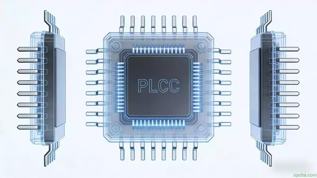 Structure and pin layout of a PLCC (Plastic Leaded Chip Carrier) surface-mount package