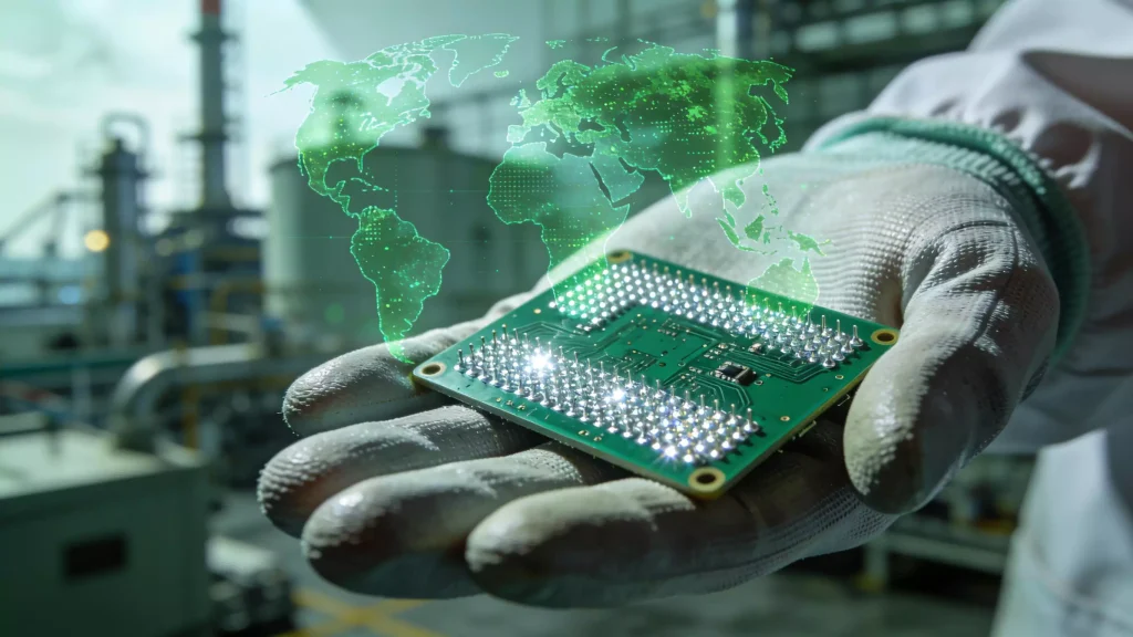 Lead-free PCBA board held in ESD-gloved hand over eco-friendly factory and globe background