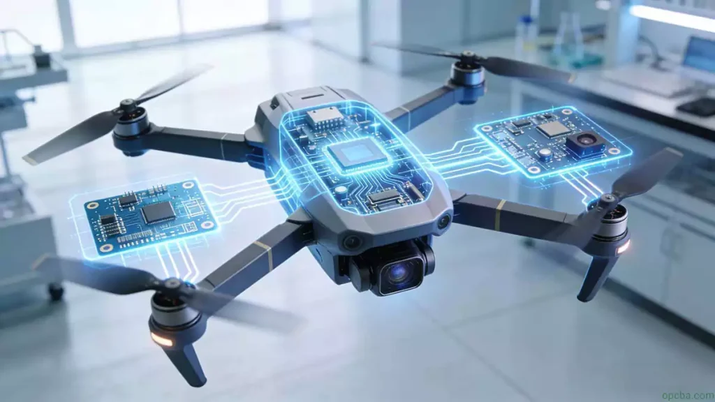Consumer drone with highlighted PCB and PCBA modules including flight control, power management, and aerial photography boards for UAV hardware design