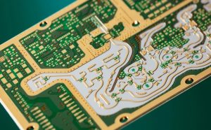 Close-up of high-end Radar PCB, featuring multi-layer high-frequency substrate, gold-plated traces and green solder mask, showing precise layout of radar antenna array and RF circuits