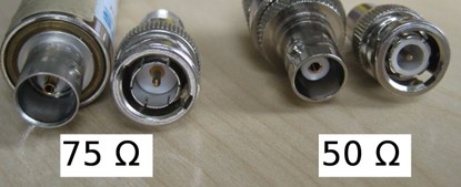 BNC RF connector impedance comparison, 75Ω on the left and 50Ω on the right, for distinguishing video and RF signal transmission