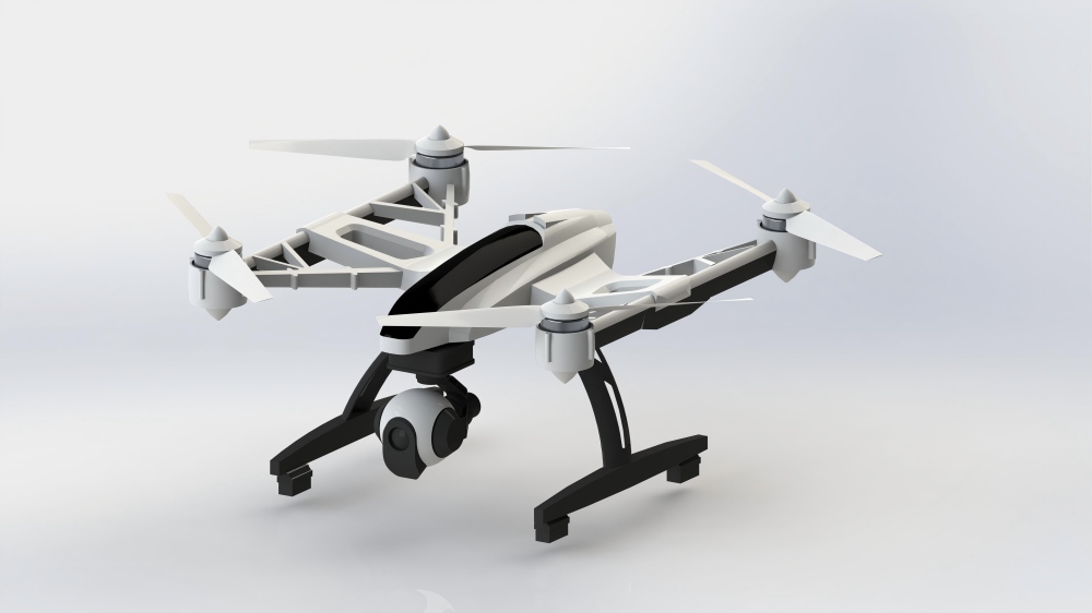 Quadrotor drone rendering with gimbal camera, showing the core role of drone PCBs in flight control, power, and image transmission systems