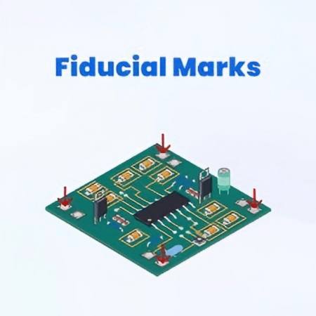 Schematic of PCB Fiducial Marks, showing the layout of red alignment markers on the board edges