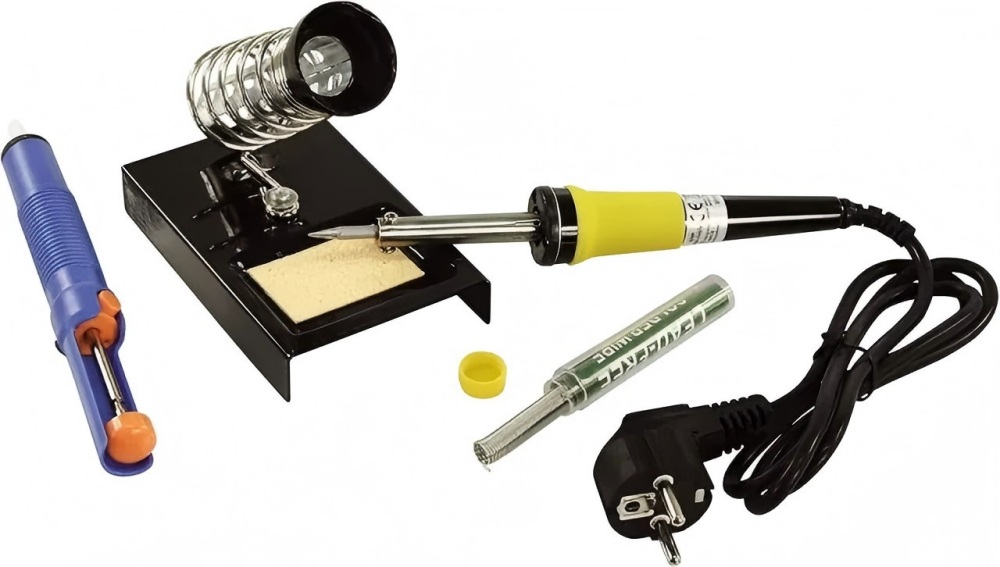 PCB soldering tool kit, including soldering iron, iron stand, desoldering pump, and solder wire