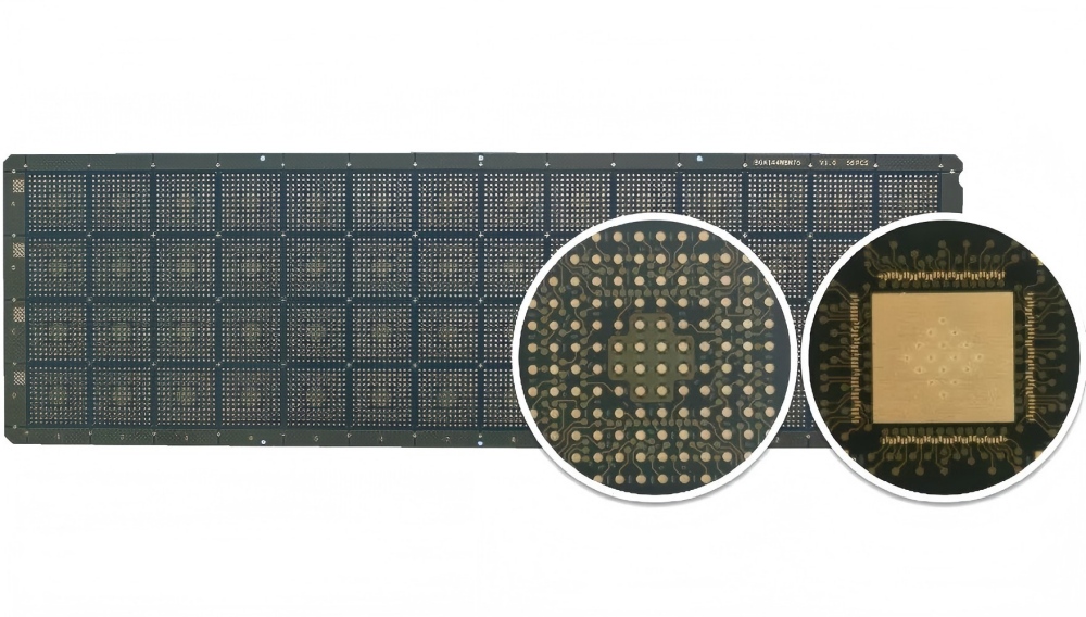 IC substrate panel with detailed close-up of single substrate and chip package