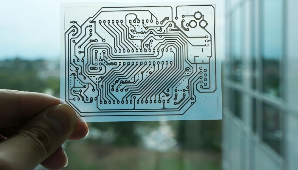 Photolithography film mask for glass PCB fabrication, with black circuit patterns on a transparent substrate, used for exposing and developing glass PCB traces