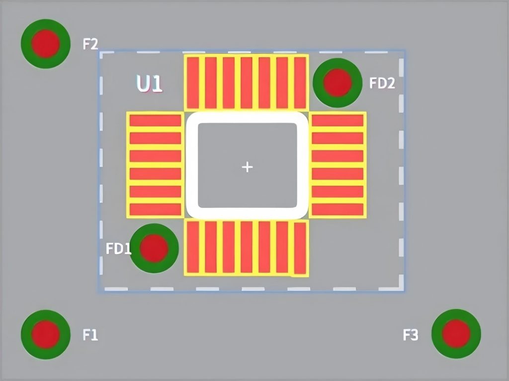 Fiducial Marks layout for BGA package, including board-level (F1/F2/F3) and package-level (FD1/FD2) alignment markers