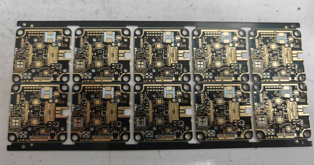 Drone flight controller PCB panel with black solder mask and gold copper traces, integrating sensors and drive circuits for attitude control and navigation