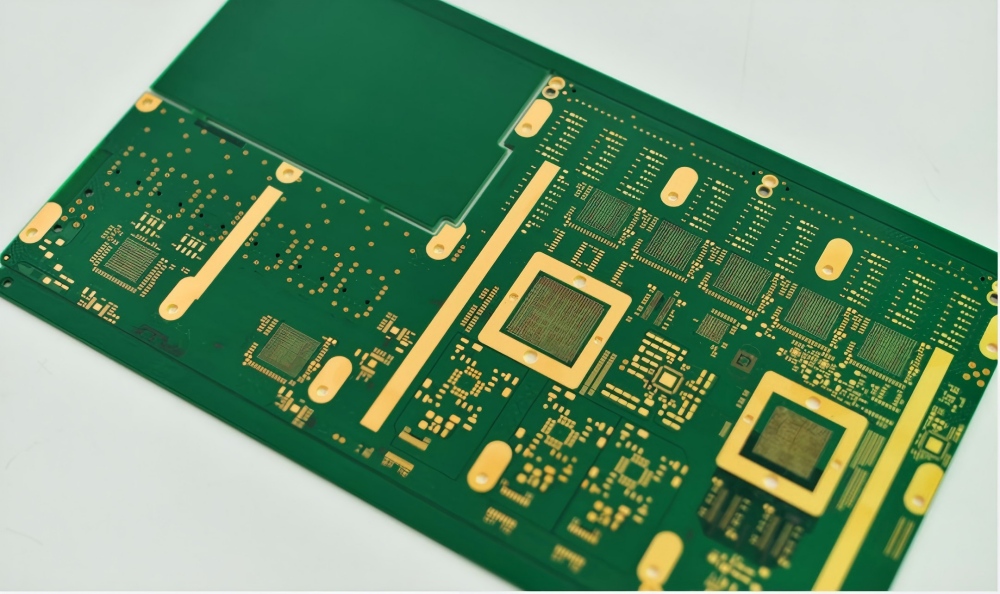 High-end PCB with dark green solder mask, including BGA package pads and large ground planes for high-performance computing devices