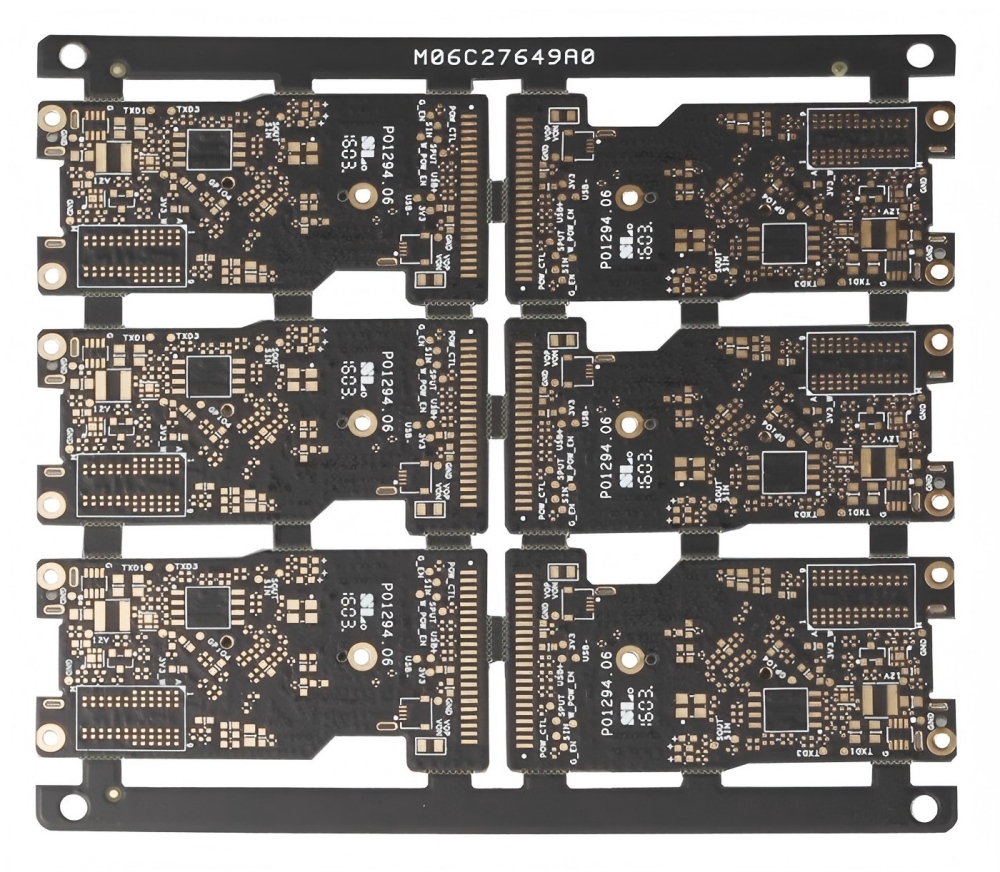 Drone communication/expansion PCB panel with black solder mask and dense pins, integrating RF and interface circuits for data transmission and peripheral expansion