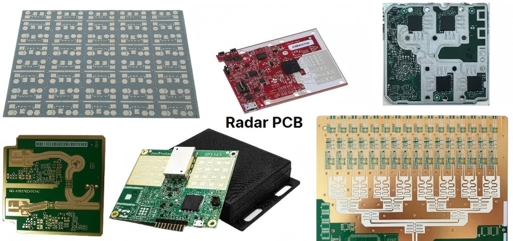 Display of series Radar PCB products, including high-frequency PCBs, antenna boards and multi-layer composite boards for different radar system modules