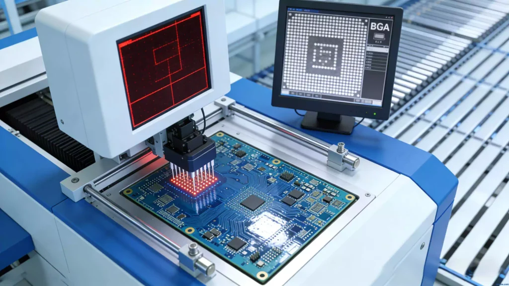 Automated optical inspection and X-ray testing of communication device PCBs during volume production, ensuring quality and reliability