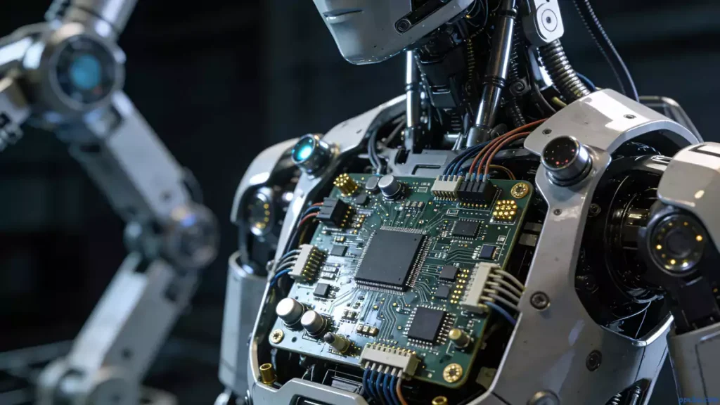 Close-up of robot PCBA control board inside an industrial robotic arm, showcasing core electronic unit for automation systems.