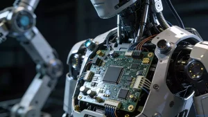 Close-up of robot PCBA control board inside an industrial robotic arm, showcasing core electronic unit for automation systems.