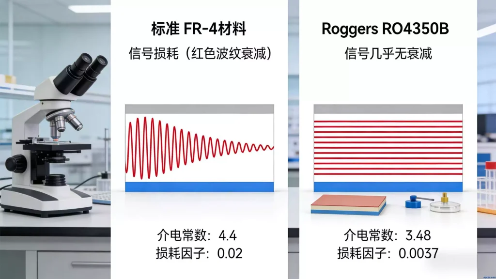 Comparison of FR-4 vs Rogers RO4350B low-loss materials for 5G communication modules, highlighting PCB material selection for high-frequency performance