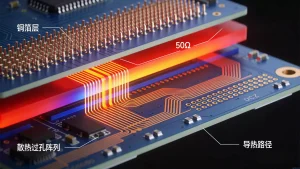 Controlled impedance traces and thermal via array on a PCB for reliable communication devices, illustrating core circuit board design principles