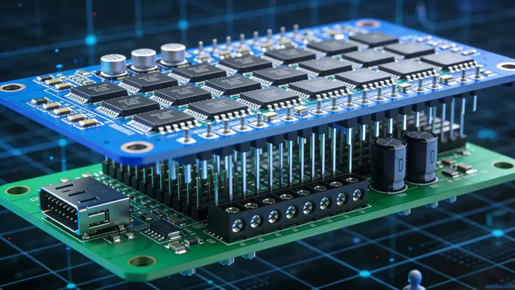 Double-sided robot PCBA layout with SMDs on bottom and through-hole components on top, maximizing board space for high-density designs