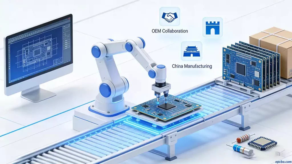 PCB OEM One Stop Service concept illustration showing full production process from design to delivery in electronics manufacturing
