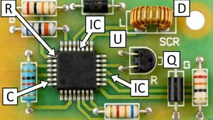 Panorama of electronic components on a PCB including resistor, capacitor, inductor, diode, transistor, and thyristor with circuit codes for electronics education and PCB design