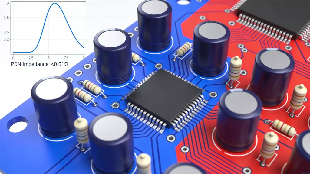 Power integrity design on PCB with decoupling capacitors and PDN impedance control for clean power in communication devices