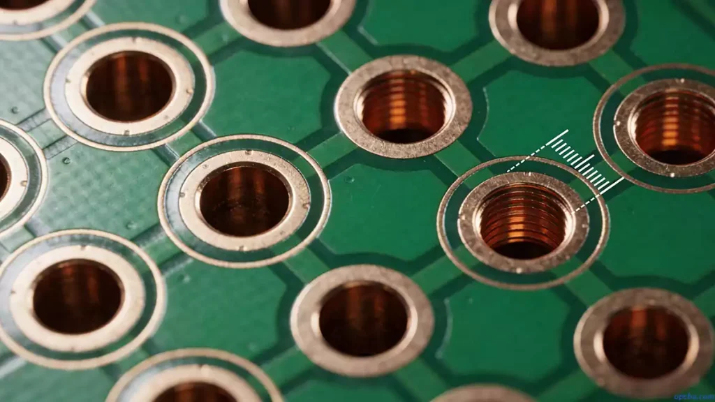 Precision drilling holes on robot PCBA with annular rings and clearance from traces, illustrating manufacturing specifications