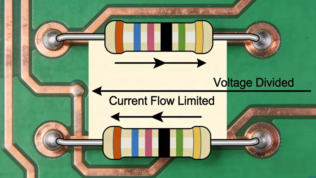 Resistor function diagram illustrating current limiting and voltage division in a circuit with arrows showing electron flow, for basic electronics and circuit analysis teaching