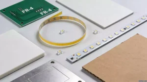 Various PCB materials for LED lights comparison - FR-4, flexible, ceramic, aluminum core, paper-based boards with LED components