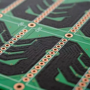 carbon ink PCB close-up view showing screen-printed carbon traces and copper pads on green circuit board