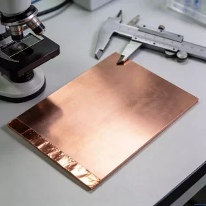 copper clad laminate sample with measurement tools for quality inspection