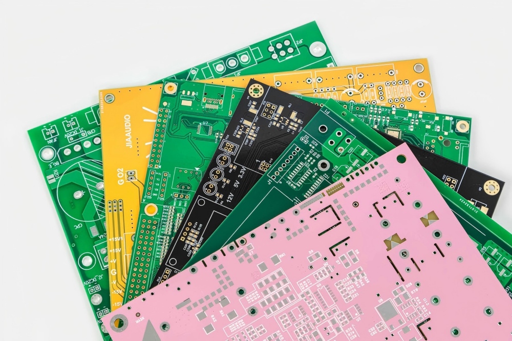 Stack of PCBs with multi-color solder masks, including bare boards with green, yellow, black, pink and other solder mask coatings