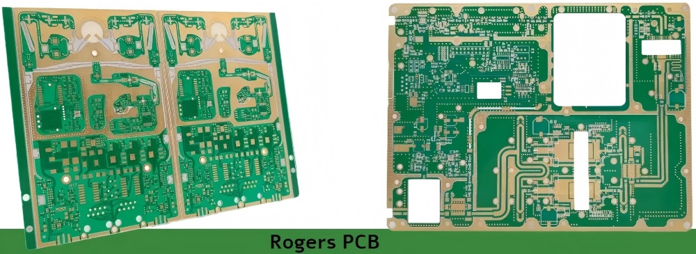 Physical display of Rogers series PCBs (including RO4350B), showing typical routing and structural design of high-frequency circuits