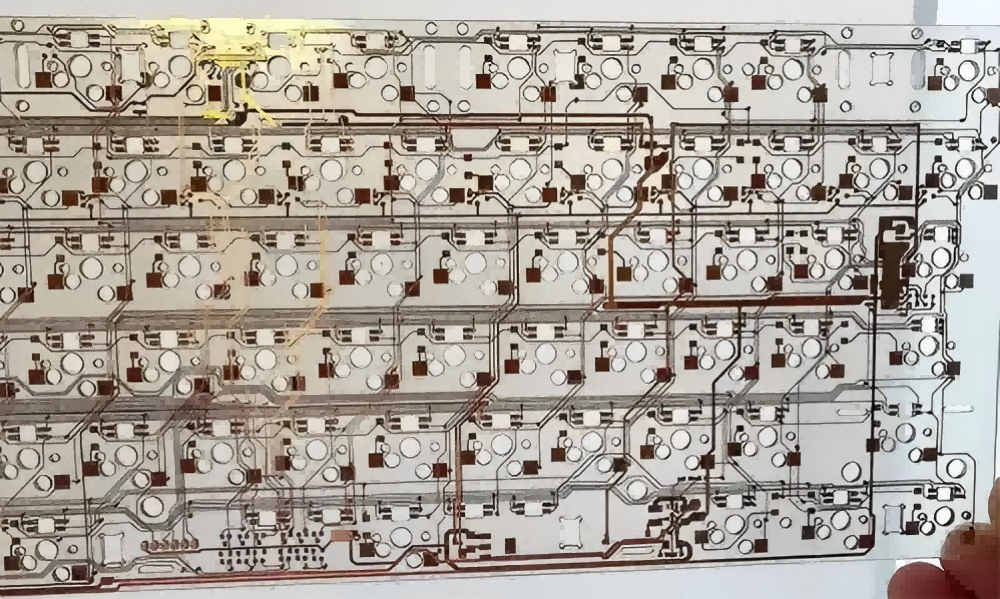 Large-format glass-substrate PCB panel for keyboard devices, with dense copper traces and pads