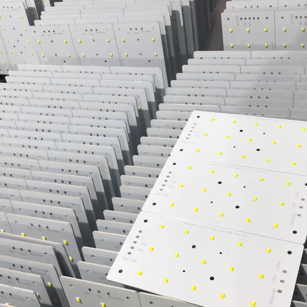 Bulk stacked aluminum PCBs for LED lighting, featuring white solder mask with yellow LED pad layout and high thermal dissipation performance