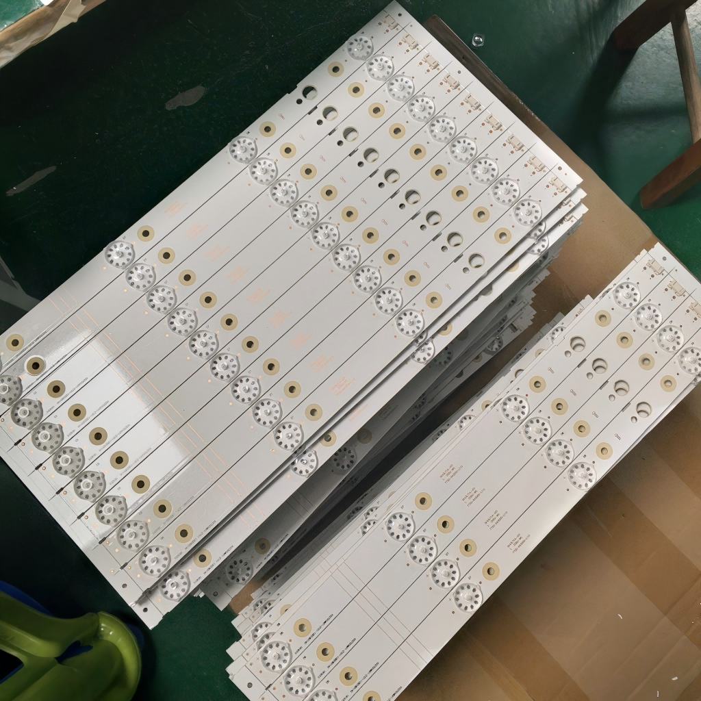 Stack of high-power LED lighting strip aluminum PCBs, with white solder mask, circular pads and positioning holes, designed for heat dissipation of high-power lamps
