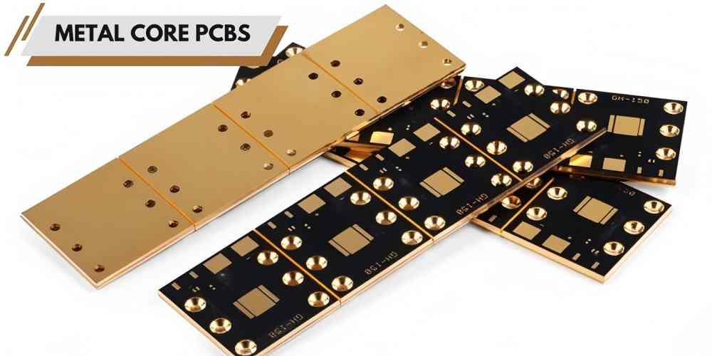 Stack of copper-core/metal-core PCBs, featuring gold metal substrate and black solder mask circuit boards, emphasizing high-efficiency heat dissipation and high current-carrying capacity