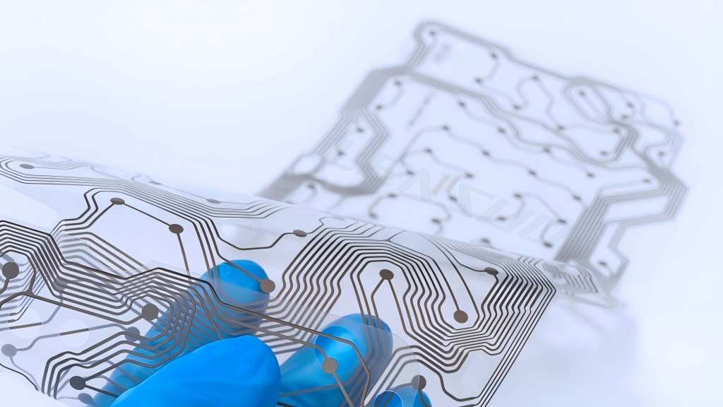 Transparent FPC flexibility demonstration, with a transparent substrate and silver traces, freely bendable for wearable devices and flexible display applications