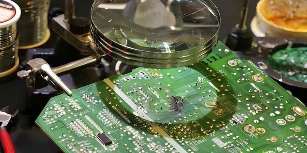 PCB fault detection and repair preparation, using a magnifying glass to observe circuit board details and locate faulty solder joints and traces