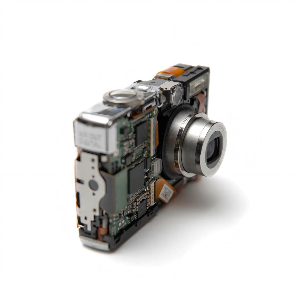 Close-up of compact digital camera internal structure, integrating lens module, mainboard, and flexible cables for miniaturization and high performance
