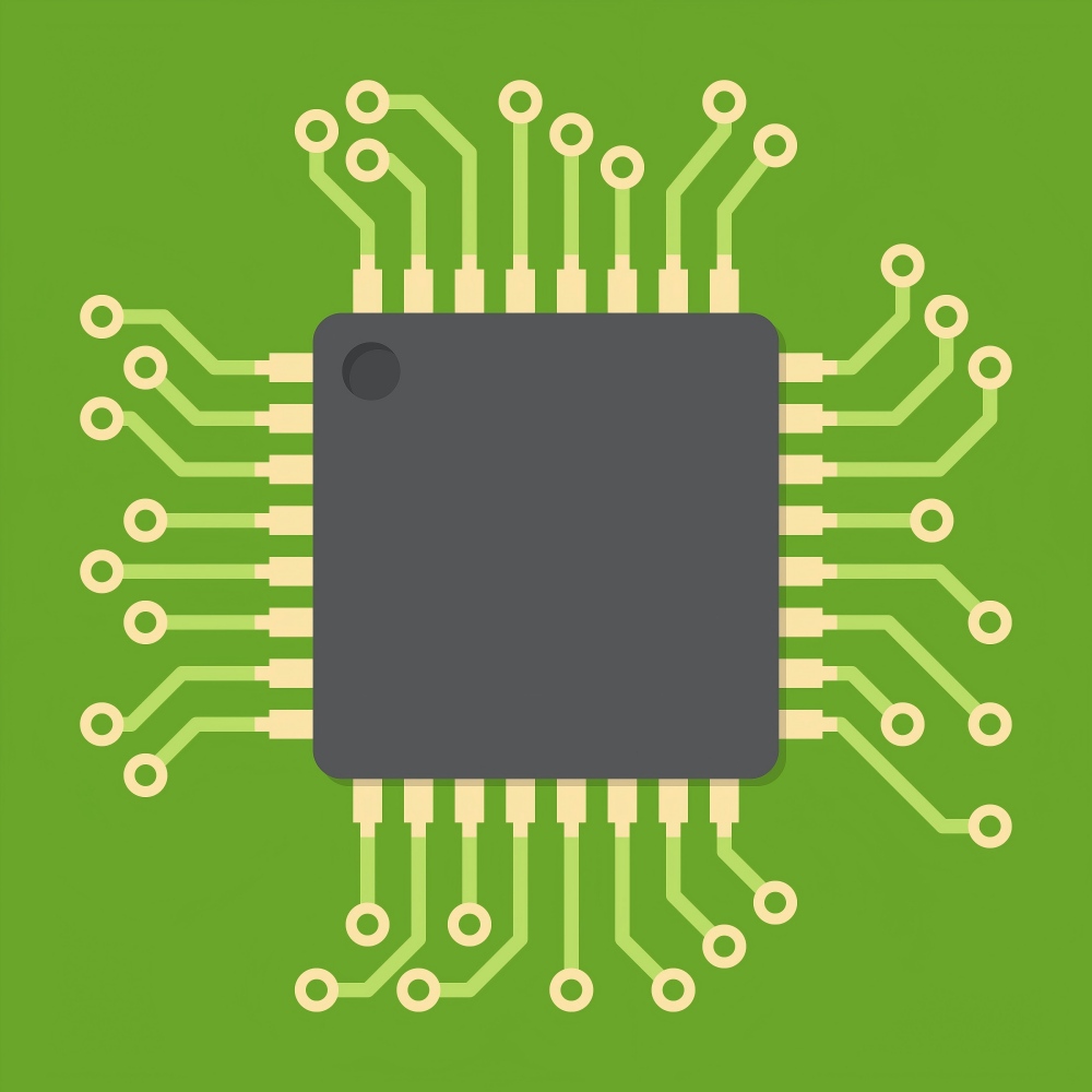 Chip pin diagram showing a square package chip and surrounding copper traces, illustrating the electrical connection between PCB and chip