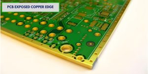 Close-up of PCB with gold-plated copper edge, golden copper edge for grounding and heat dissipation, enhancing EMC shielding and thermal management